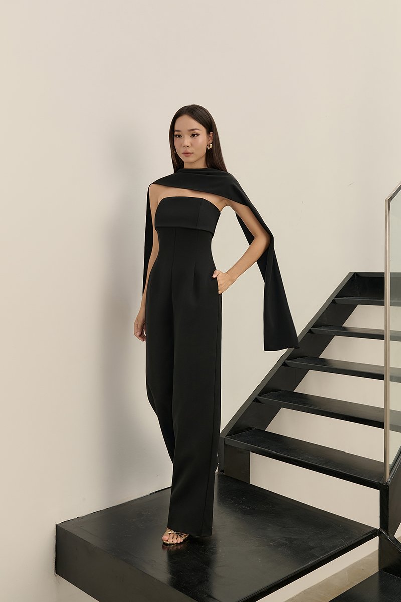 C&eacute;drine Padded Tube Jumpsuit with Sash in Classic Black