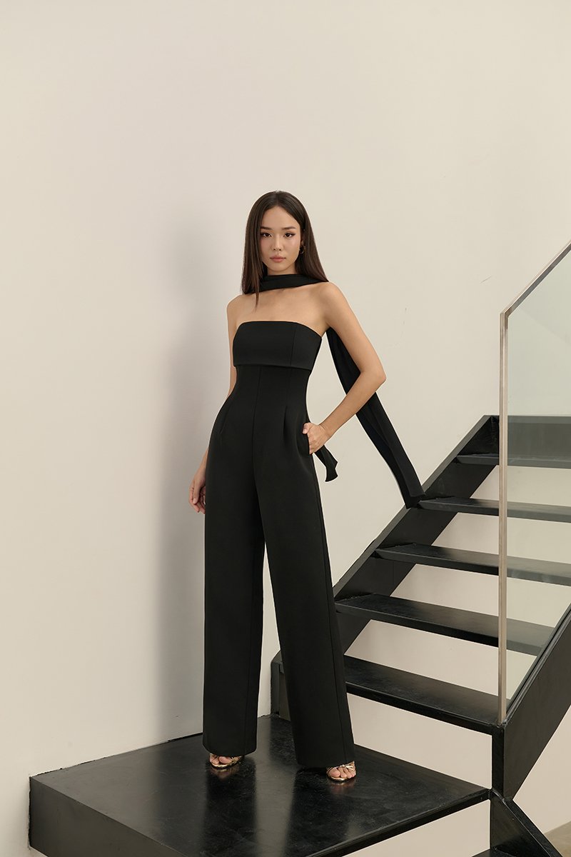 C&eacute;drine Padded Tube Jumpsuit with Sash in Classic Black