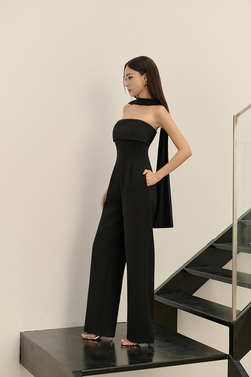 C&eacute;drine Padded Tube Jumpsuit with Sash in Classic Black