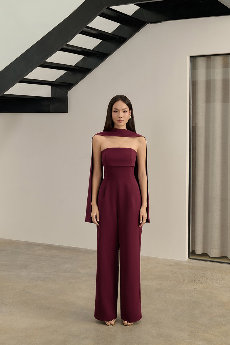 C&eacute;drine Padded Tube Jumpsuit with Sash in Merlot