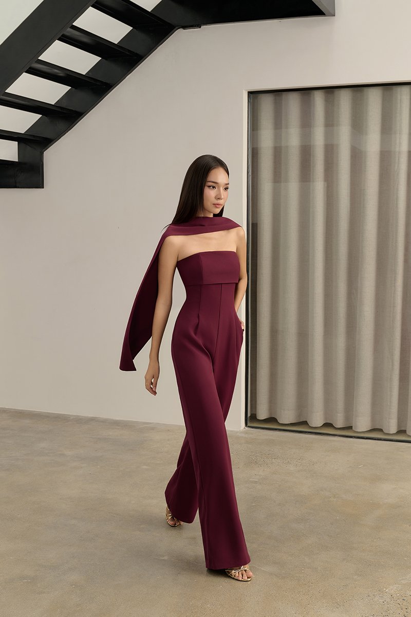 C&eacute;drine Padded Tube Jumpsuit with Sash in Merlot