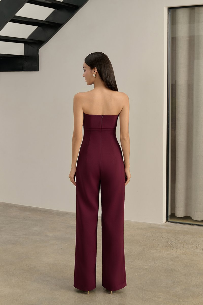 C&eacute;drine Padded Tube Jumpsuit with Sash in Merlot