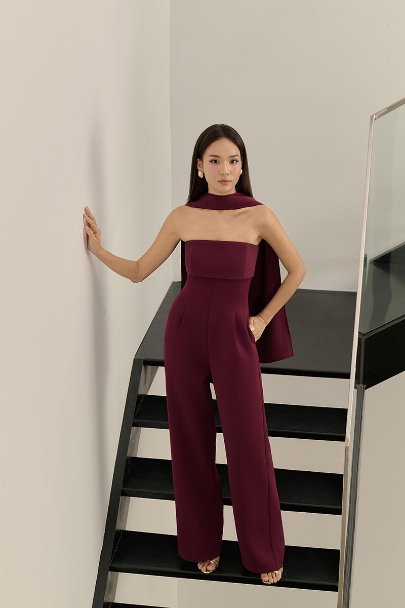 C&eacute;drine Padded Tube Jumpsuit with Sash in Merlot