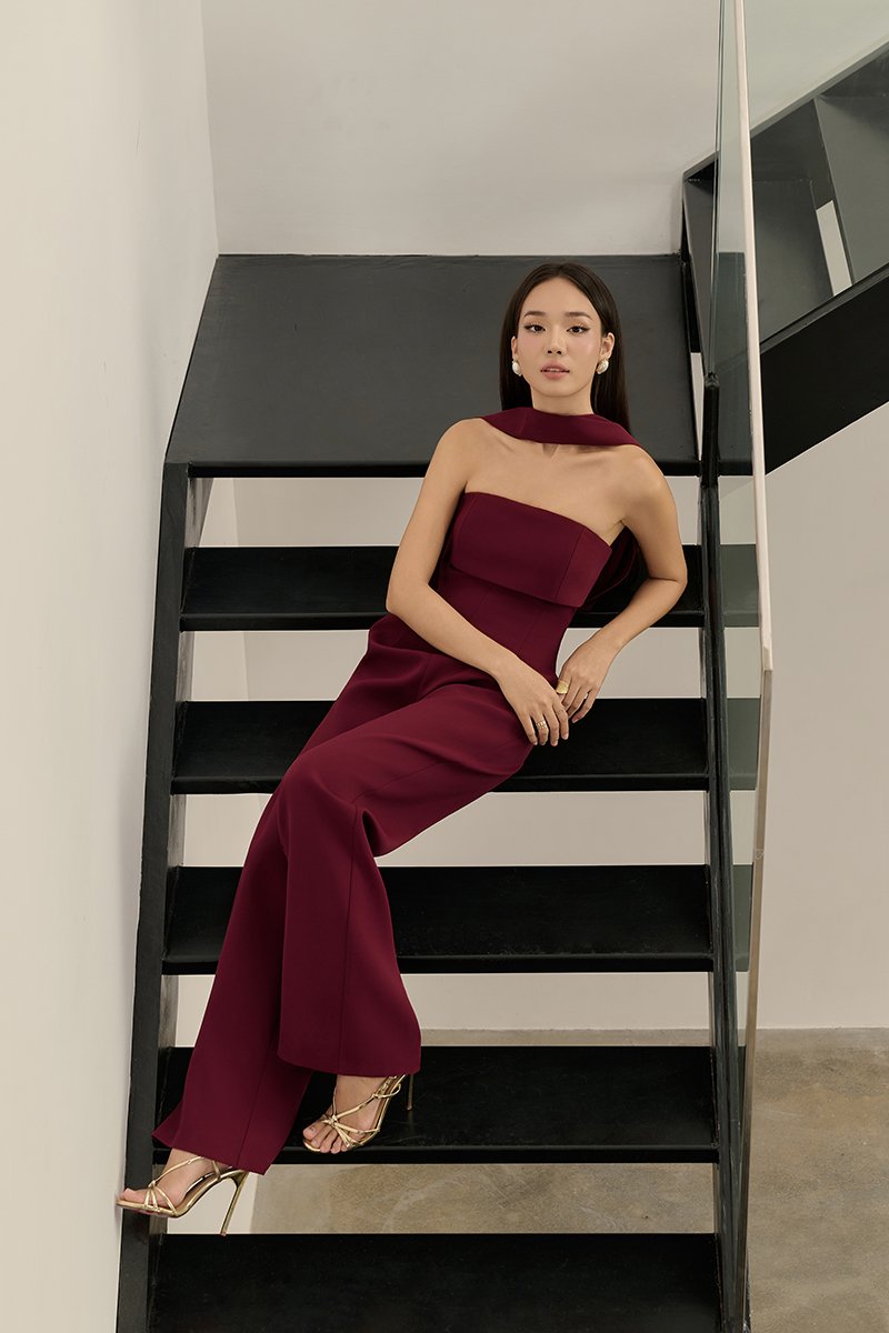 C&eacute;drine Padded Tube Jumpsuit with Sash in Merlot