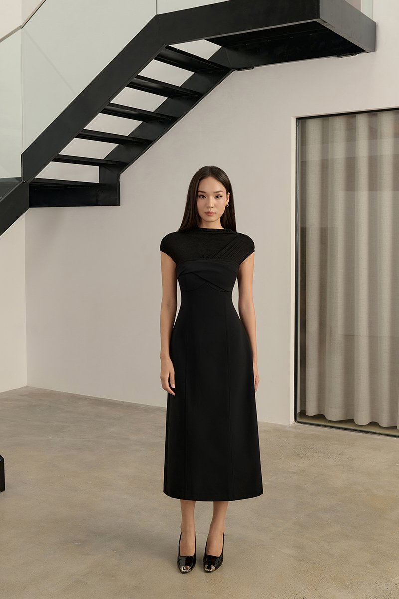 Cylene Twist Bust Midi Dress in Classic Black