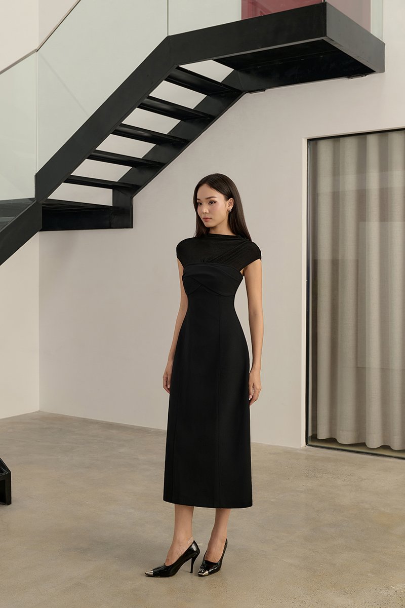 Cylene Twist Bust Midi Dress in Classic Black
