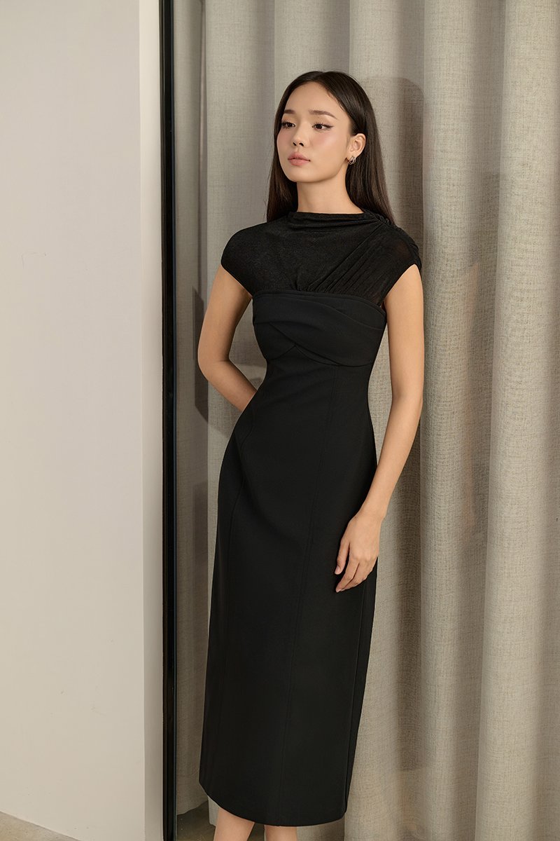 Cylene Twist Bust Midi Dress in Classic Black