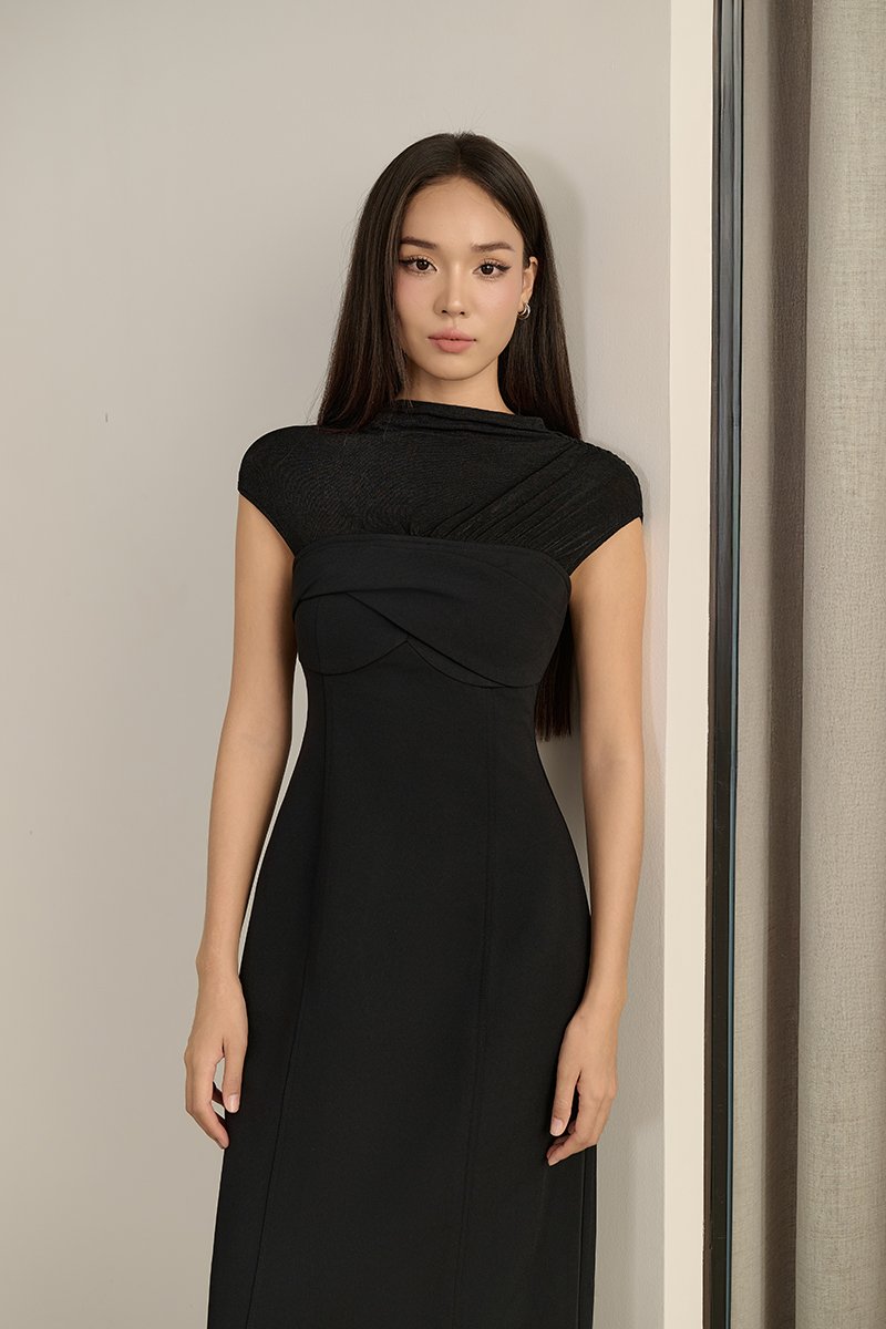 Cylene Twist Bust Midi Dress in Classic Black
