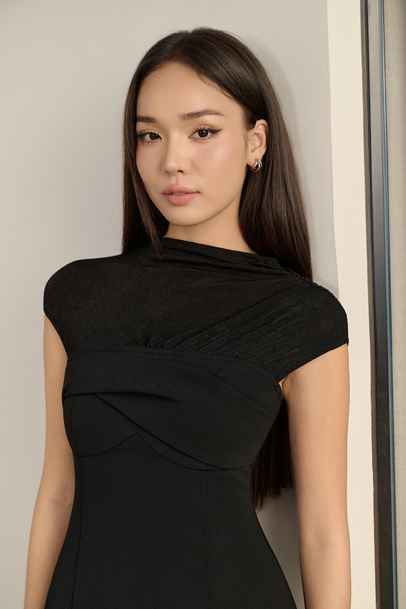 Cylene Twist Bust Midi Dress in Classic Black