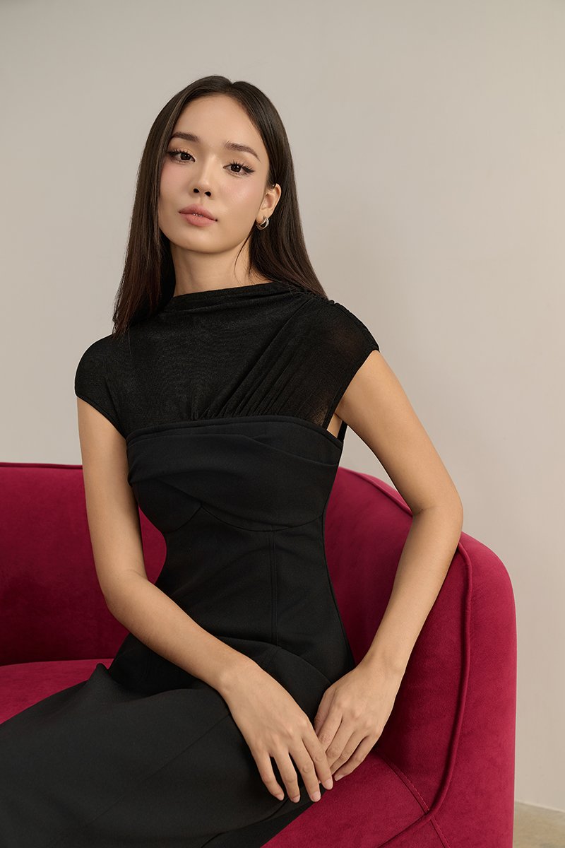 Cylene Twist Bust Midi Dress in Classic Black