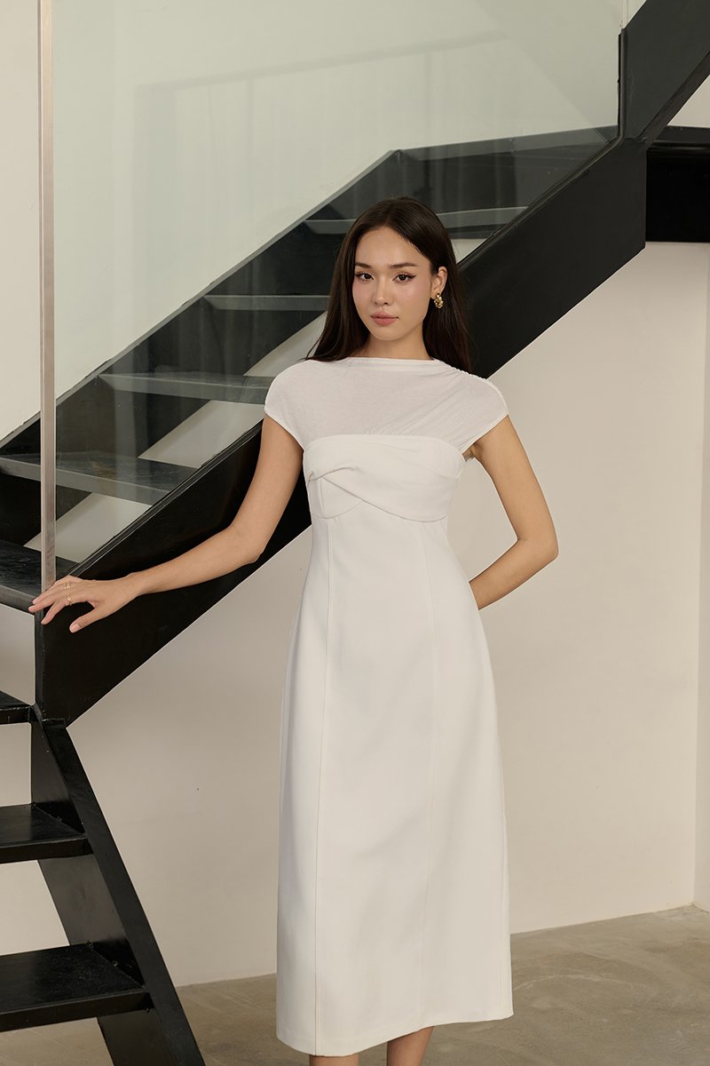 Cylene Twist Bust Midi Dress in Iconic White
