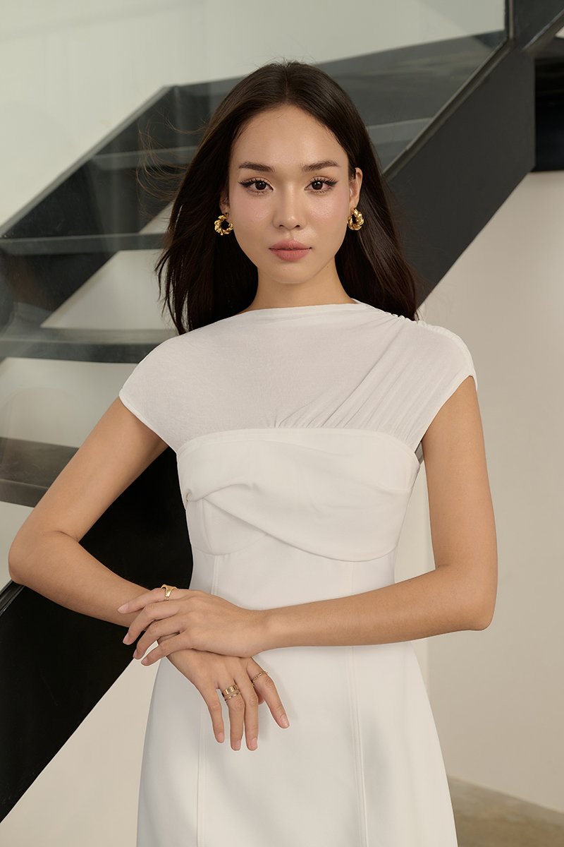 Cylene Twist Bust Midi Dress in Iconic White