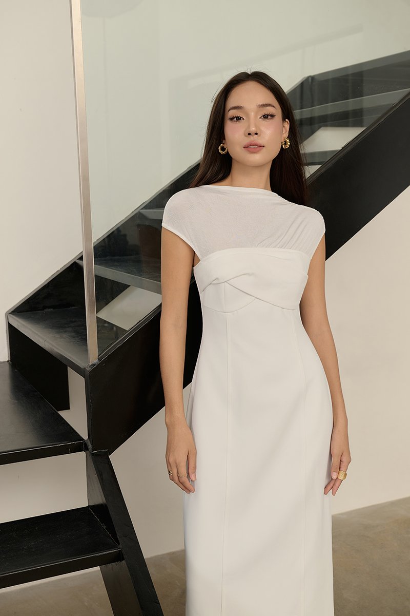 Cylene Twist Bust Midi Dress in Iconic White