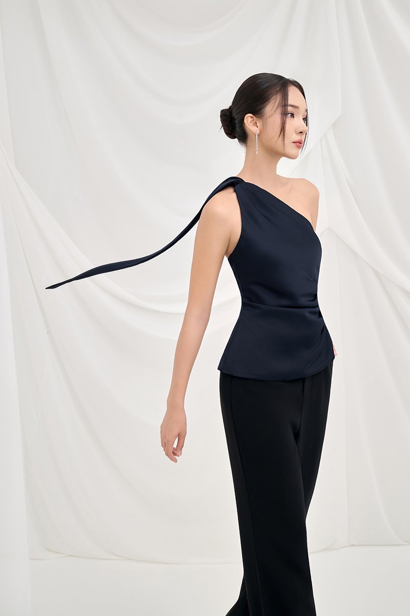 Dakota Padded Toga Ruched Top in Midnight Blue