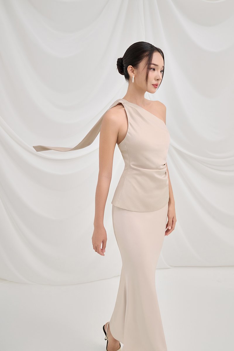 Dakota Padded Toga Ruched Top in Muted Champagne