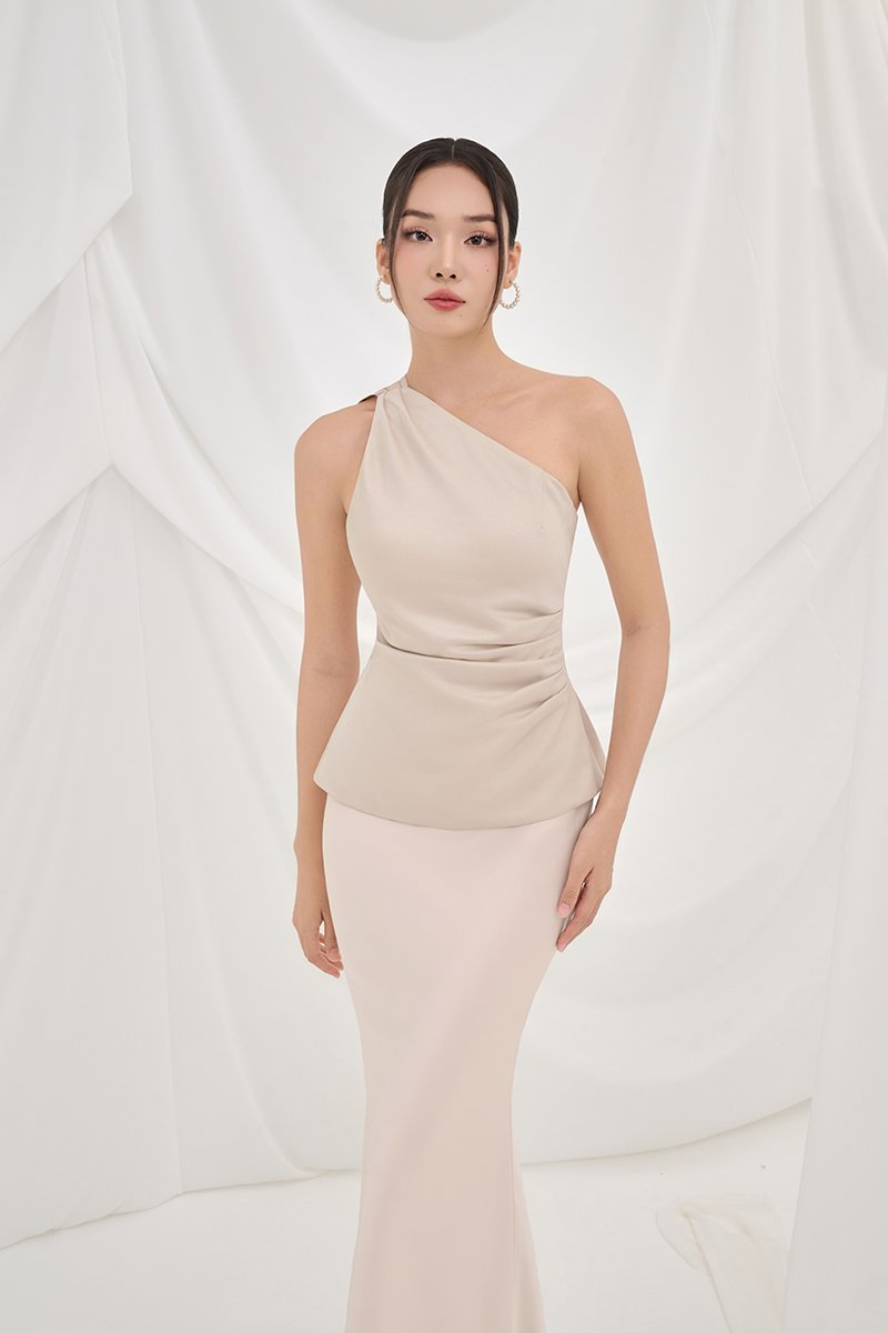 Dakota Padded Toga Ruched Top in Muted Champagne