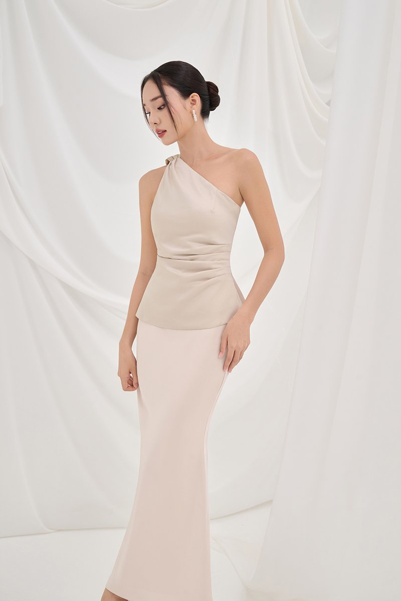 Dakota Padded Toga Ruched Top in Muted Champagne