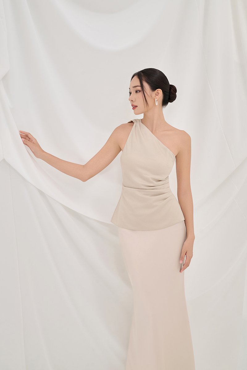 Dakota Padded Toga Ruched Top in Muted Champagne