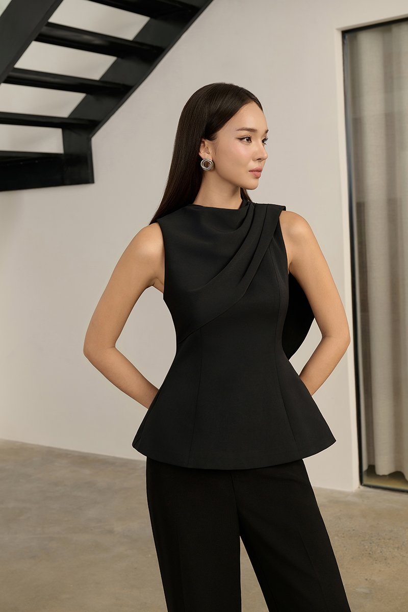 Evolet Padded Drape Shoulder Top in Classic Black