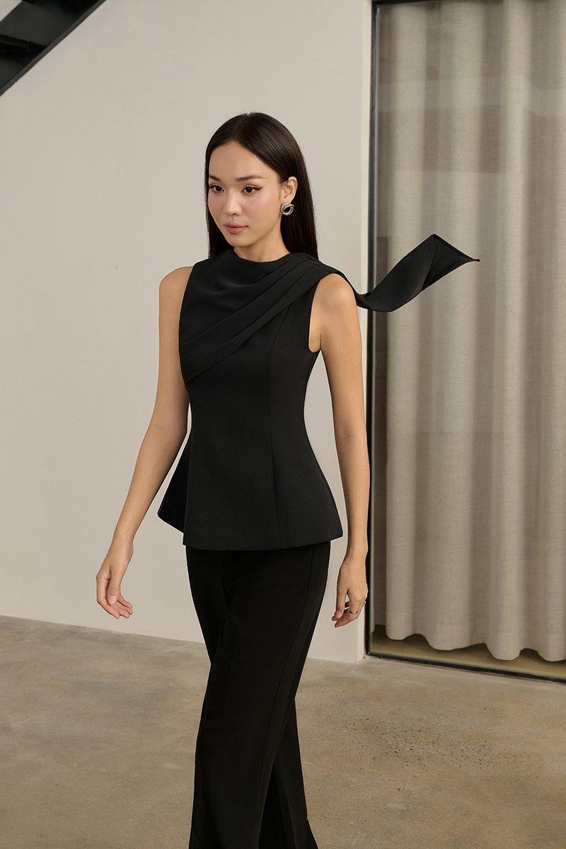 Evolet Padded Drape Shoulder Top in Classic Black