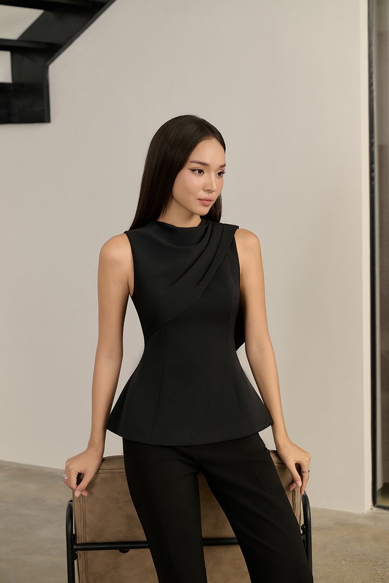 Evolet Padded Drape Shoulder Top in Classic Black