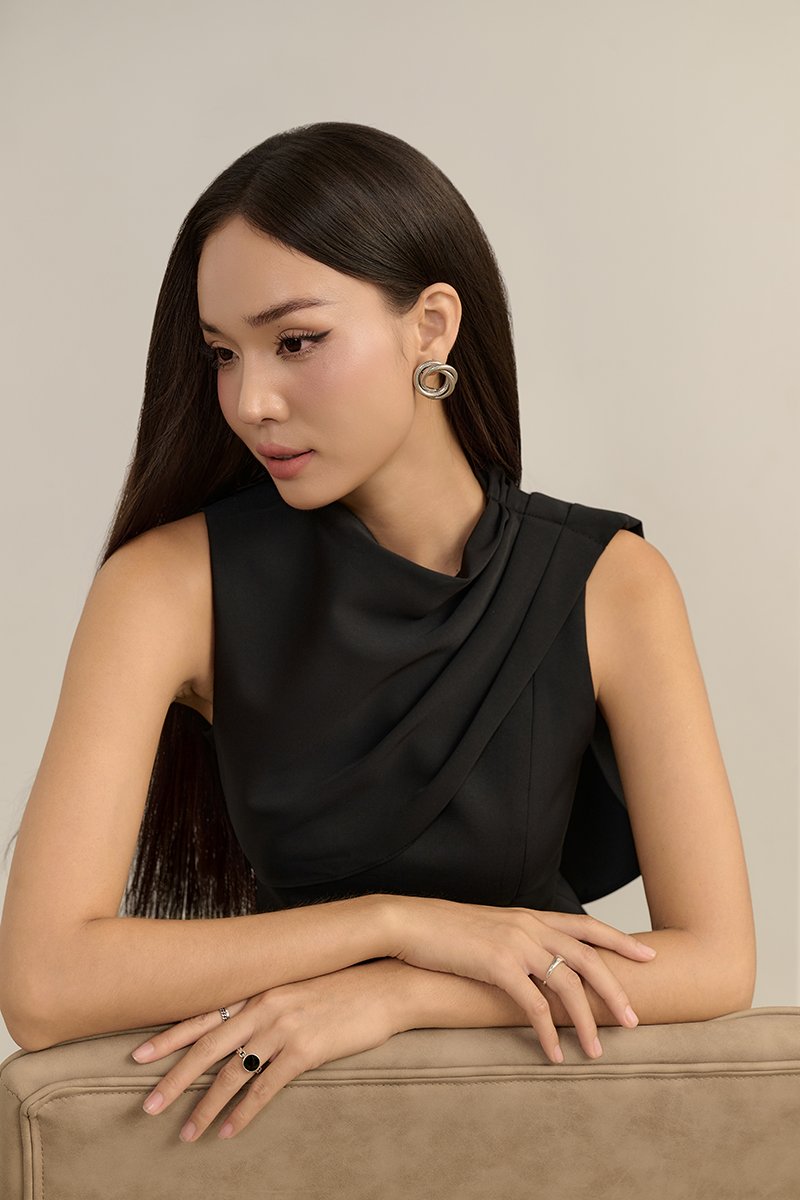 Evolet Padded Drape Shoulder Top in Classic Black