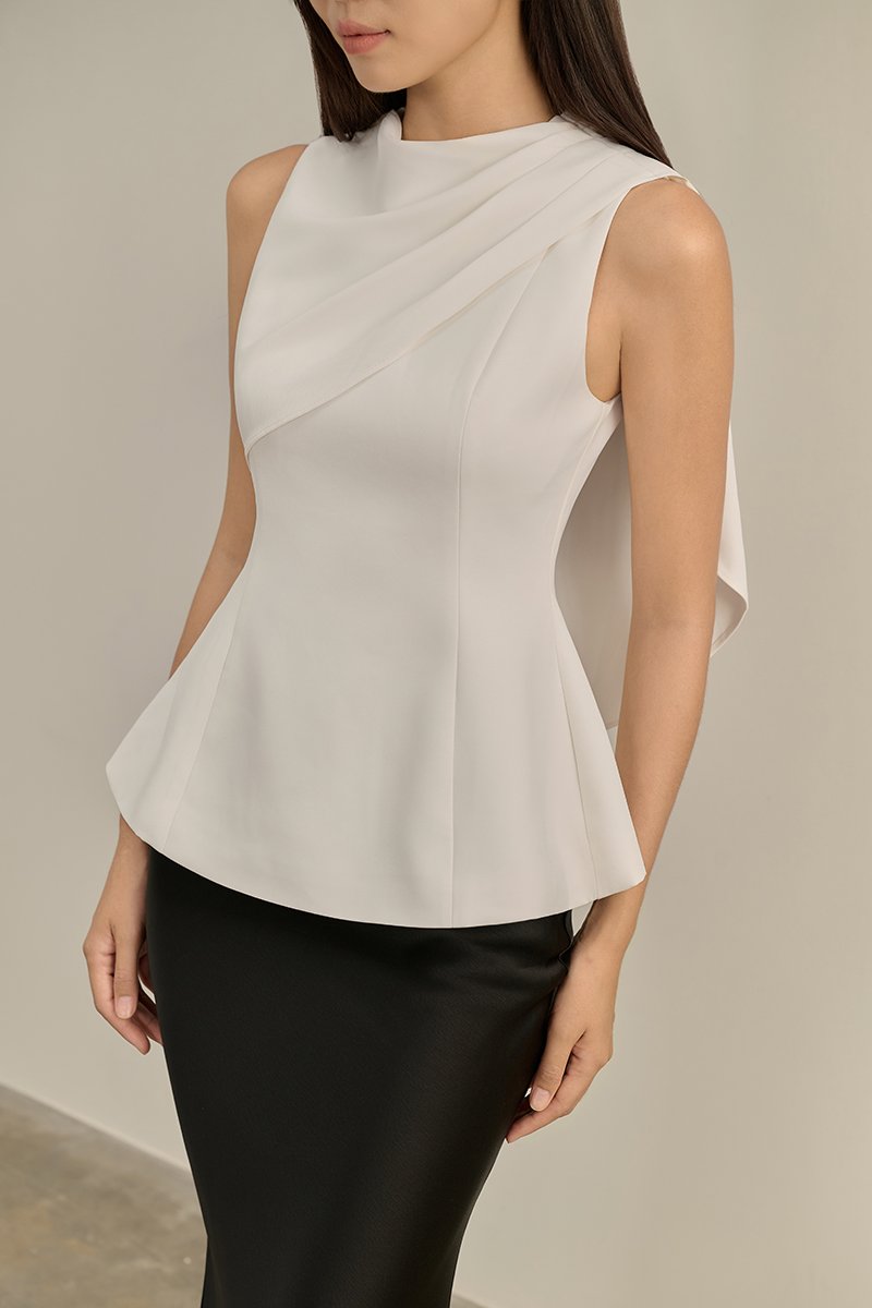 Evolet Padded Drape Shoulder Top in Iconic White