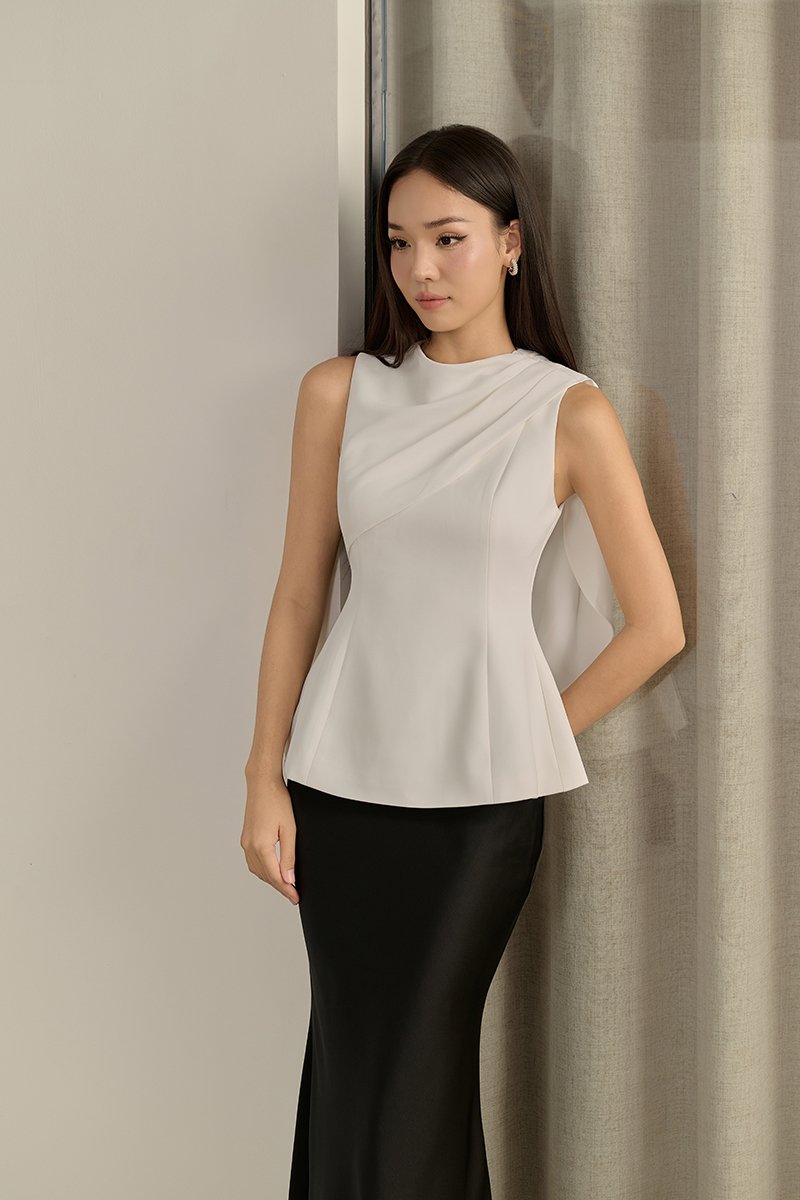 Evolet Padded Drape Shoulder Top in Iconic White