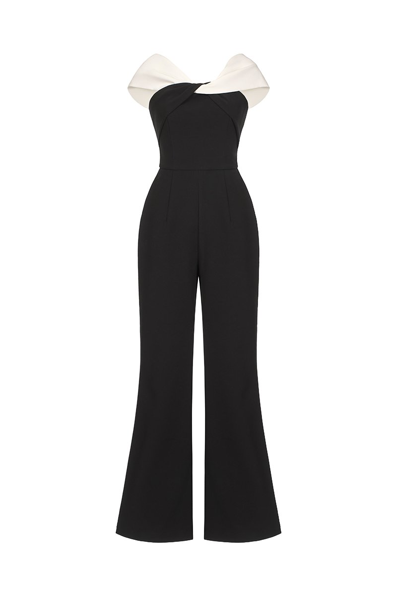 Gabrielle Padded Twist Bust Jumpsuit in Classic Black with White