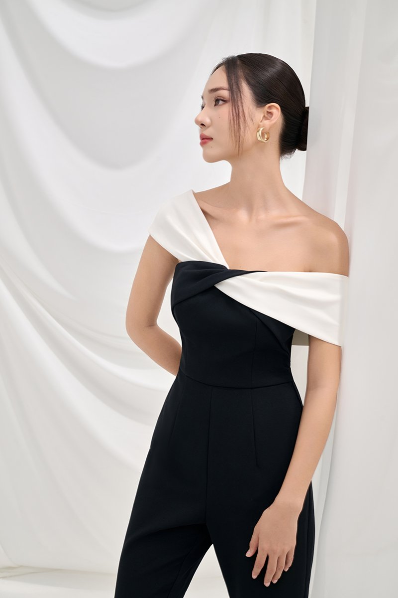 Gabrielle Padded Twist Bust Jumpsuit in Classic Black with White