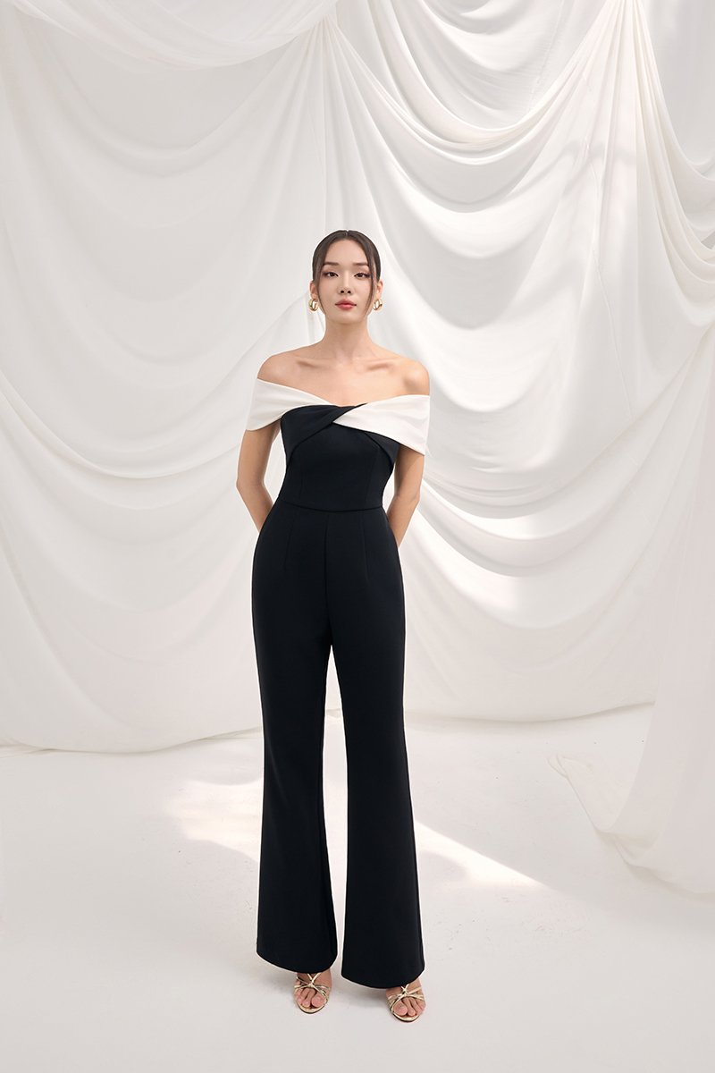 Gabrielle Padded Twist Bust Jumpsuit in Classic Black with White