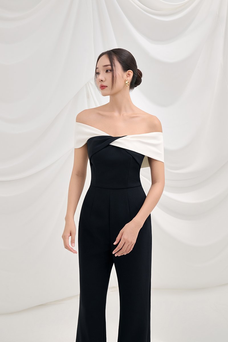 Gabrielle Padded Twist Bust Jumpsuit in Classic Black with White