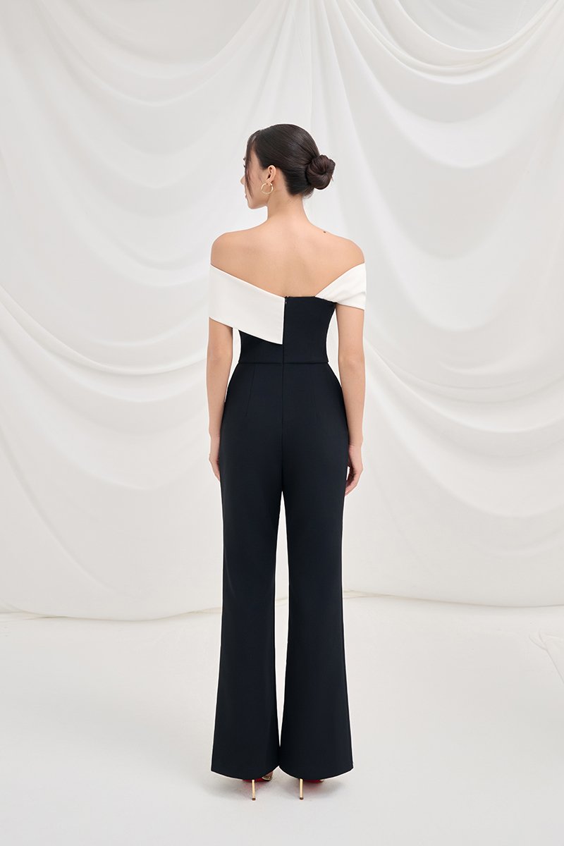 Gabrielle Padded Twist Bust Jumpsuit in Classic Black with White
