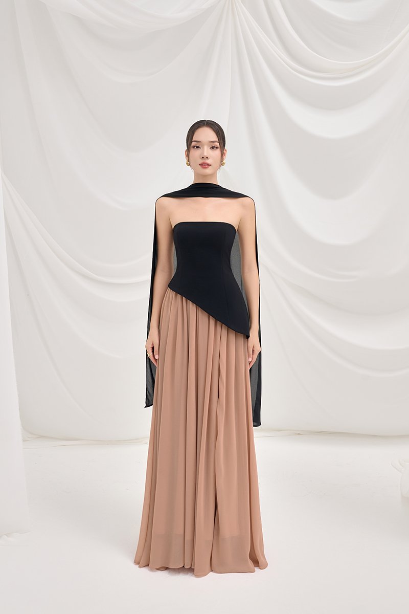 Isla Tube Contrast Maxi Dress in Classic Black with Salmon Nude