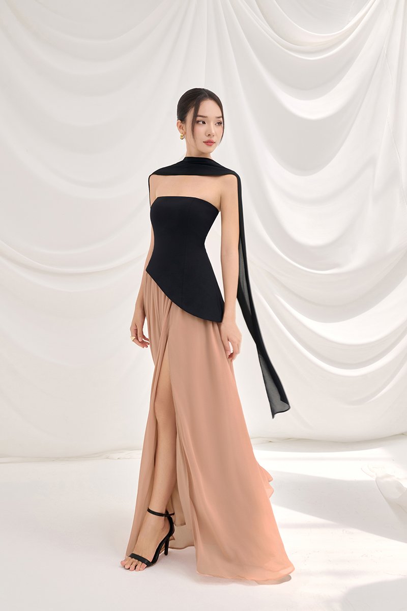 Isla Tube Contrast Maxi Dress in Classic Black with Salmon Nude