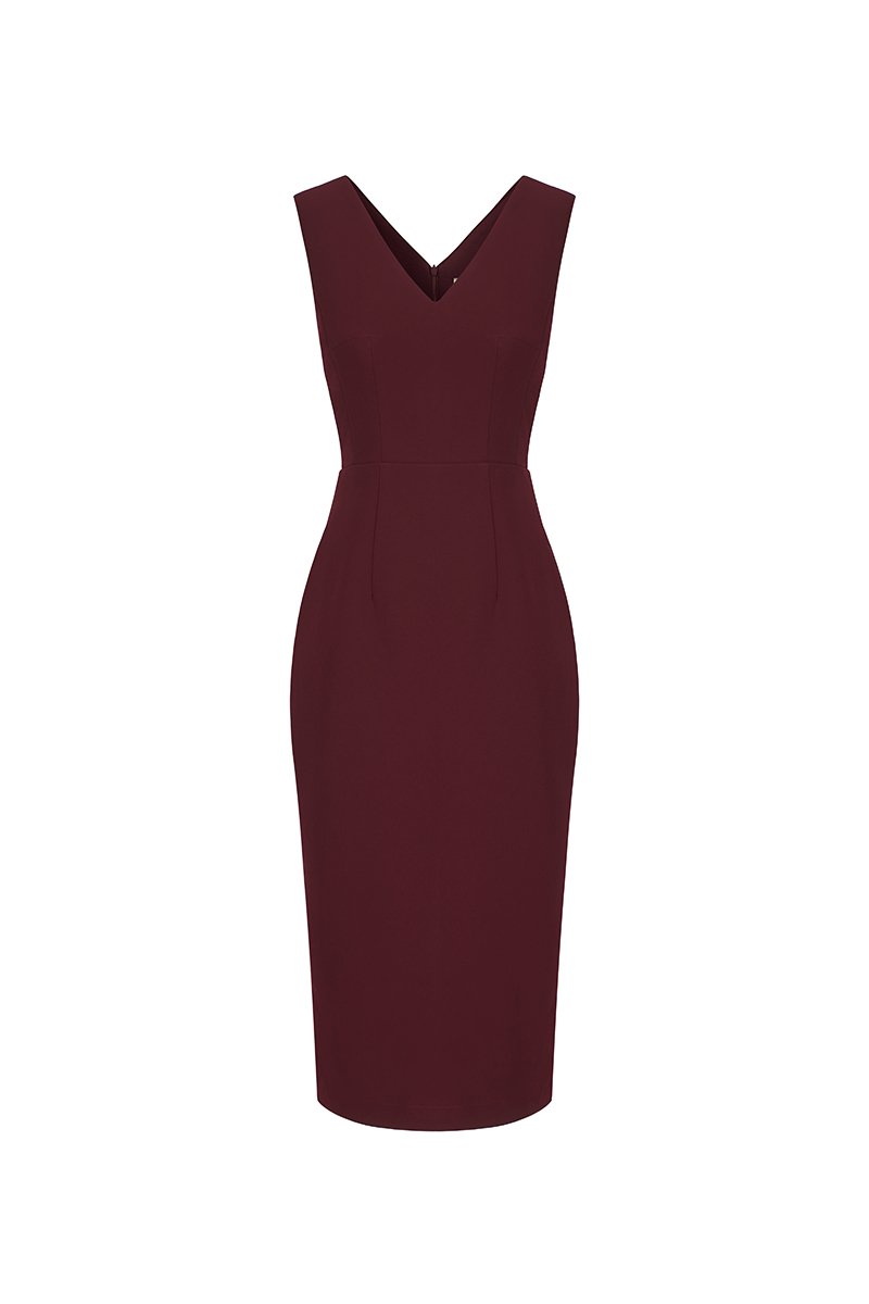 Saelle Padded V-neck Pencil Dress in Pinot Noir