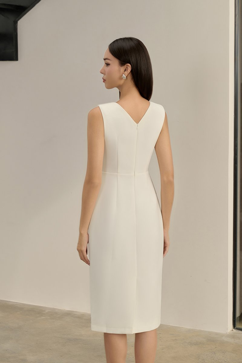 Saelle Padded V-neck Pencil Dress in Iconic White