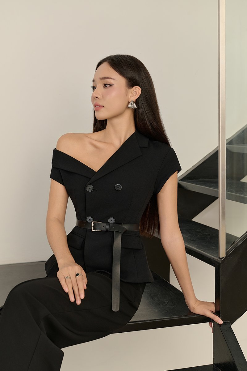 Vionne Asymmetrical Off Shoulder Top in Classic Black