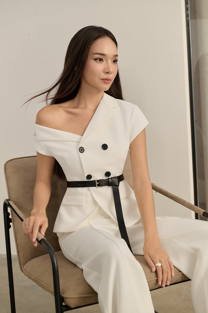 Vionne Asymmetrical Off Shoulder Top in Iconic White