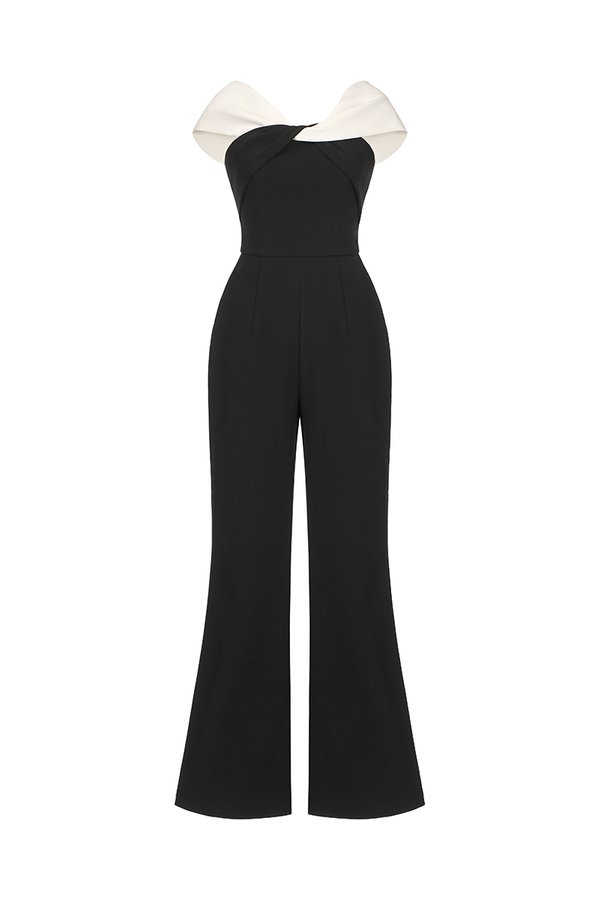 Gabrielle Padded Twist Bust Jumpsuit in Classic Black with White