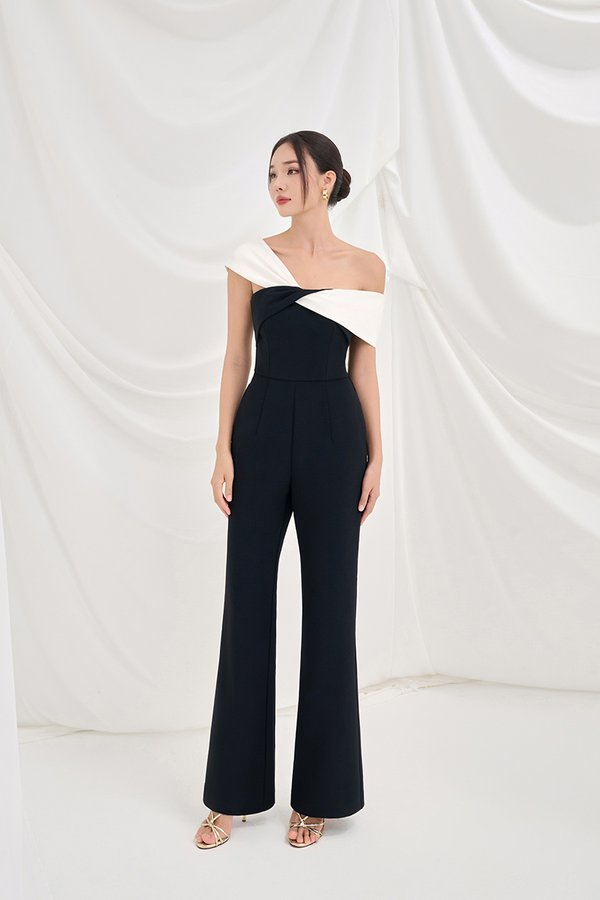 Gabrielle Padded Twist Bust Jumpsuit in Classic Black with White