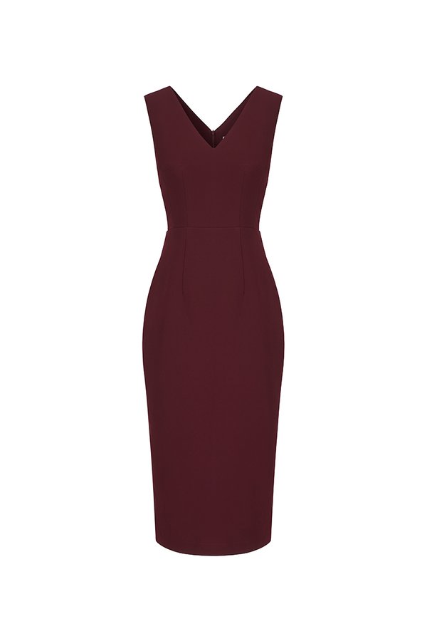 Saelle Padded V-neck Pencil Dress in Pinot Noir