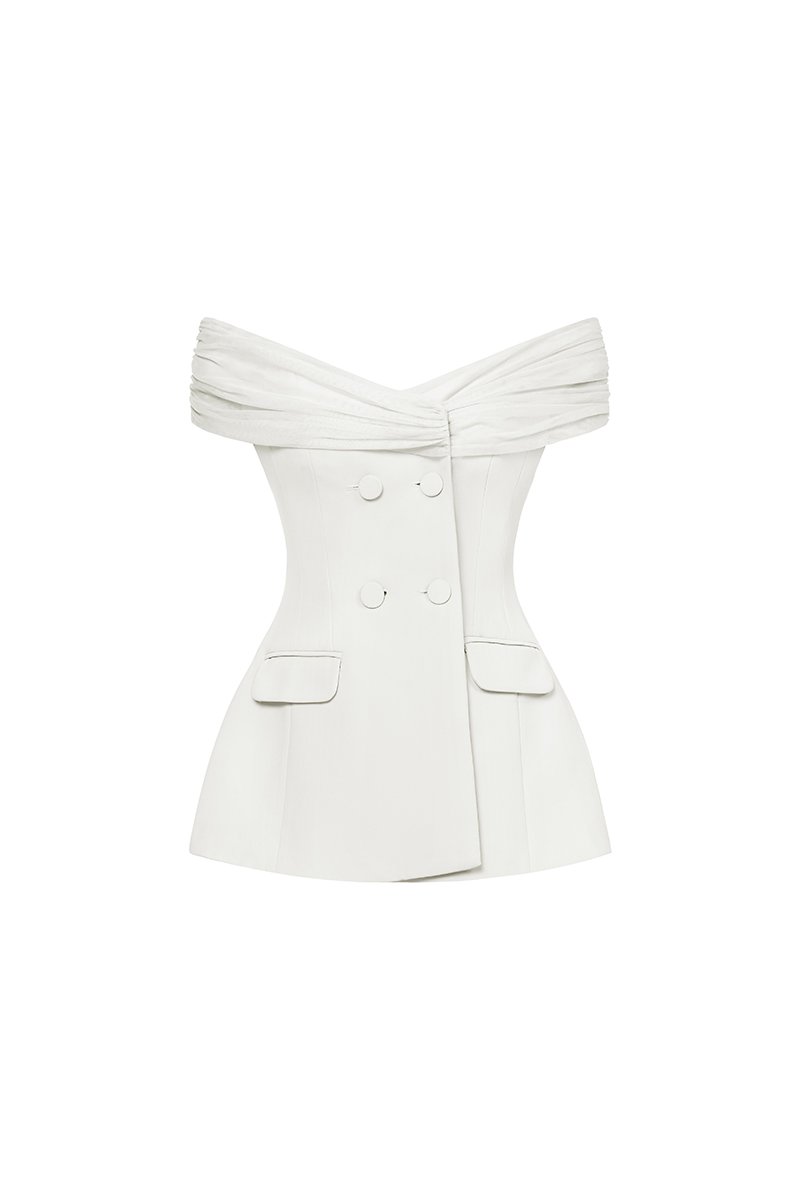 Alodia Mesh Off Shoulder Tailored Top in Light Grey Frost