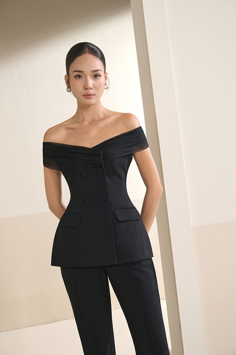 Alodia Mesh Off Shoulder Tailored Top in Classic Black