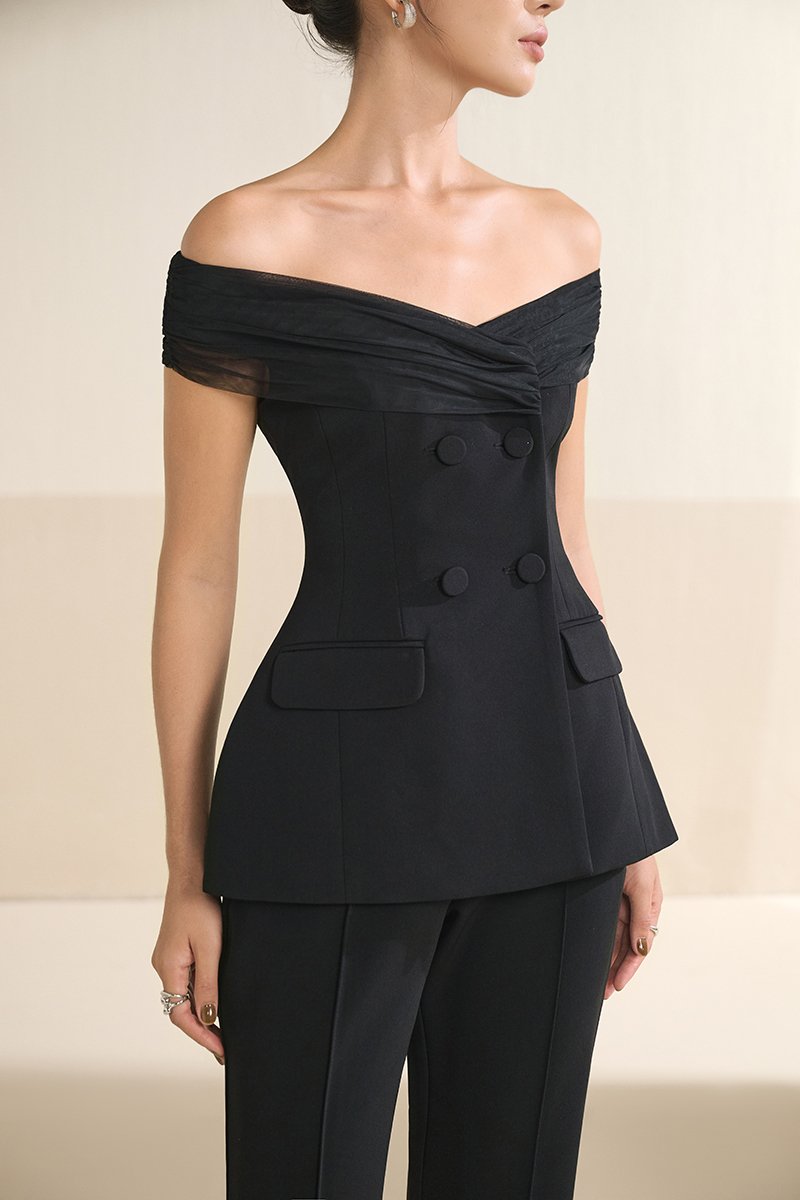 Alodia Mesh Off Shoulder Tailored Top in Classic Black