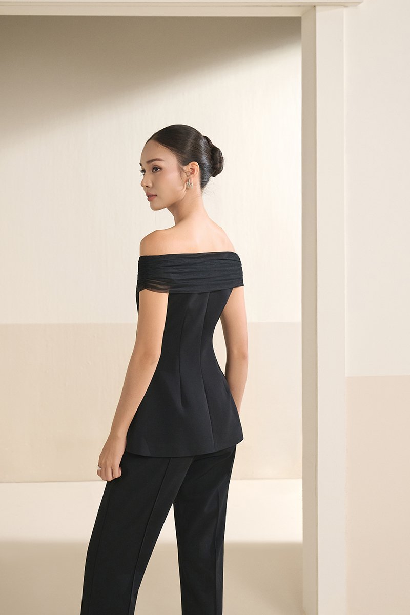 Alodia Mesh Off Shoulder Tailored Top in Classic Black
