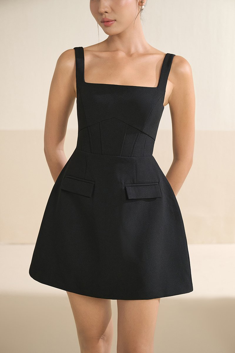 Caelia Padded Romper Dress in Classic Black