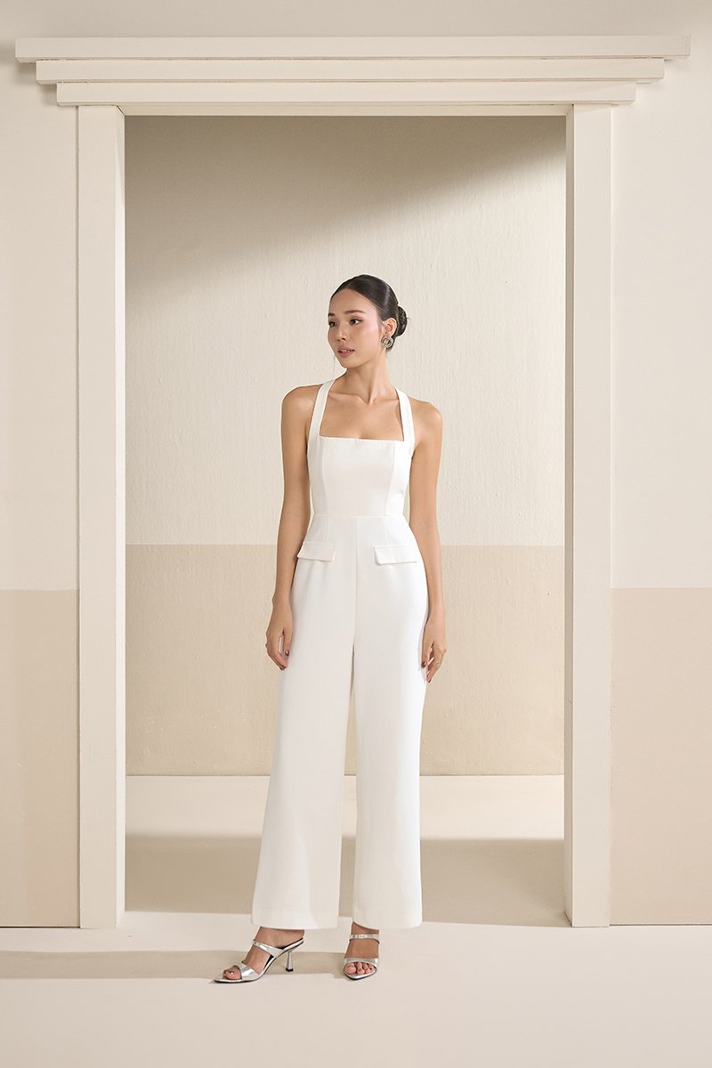 Geneva Padded Halter Tailored Jumpsuit in Iconic White