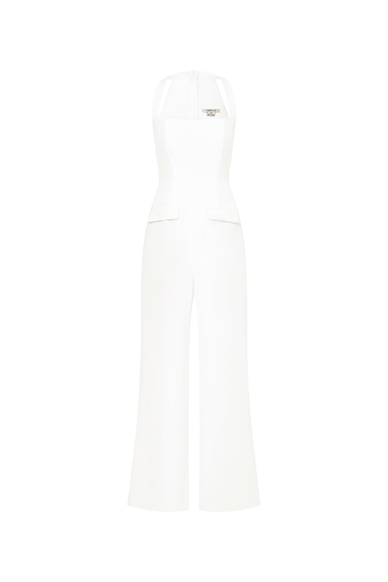 Geneva Padded Halter Tailored Jumpsuit in Iconic White