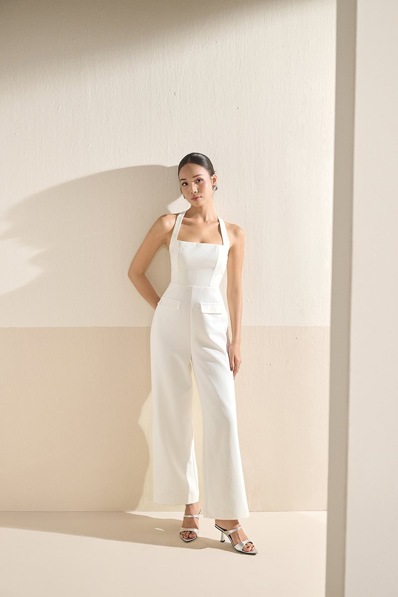 Geneva Padded Halter Tailored Jumpsuit in Iconic White